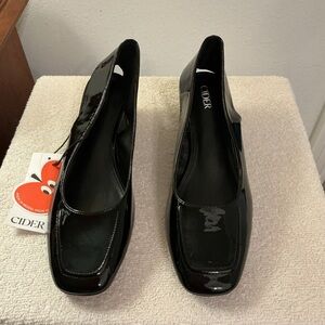 Cider Shiny Black Square-Toe Sling-back Heels